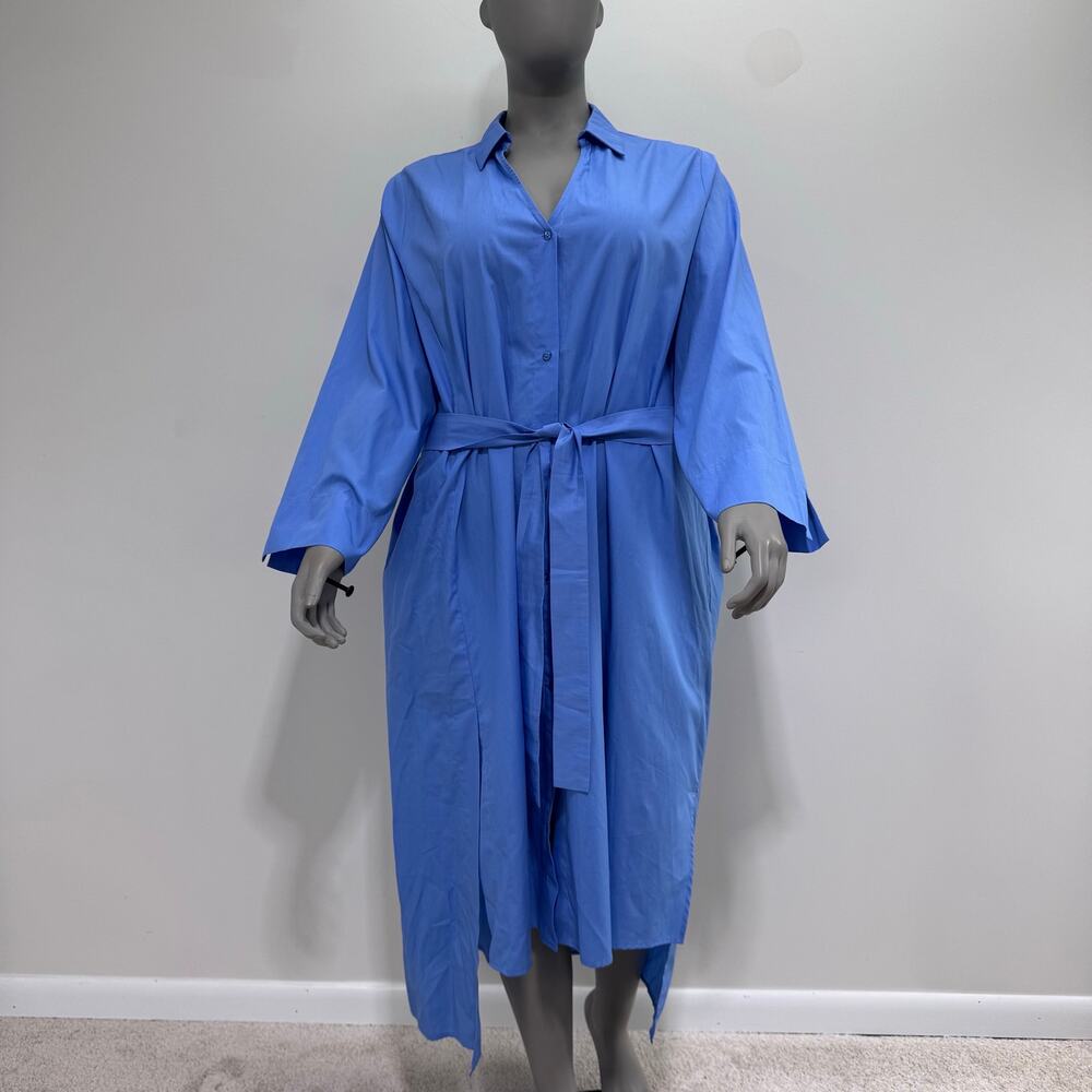 NWT Marina Rinaldi Blue Cotton Shirt Dress US 22 Minimalist Coastal Old Money